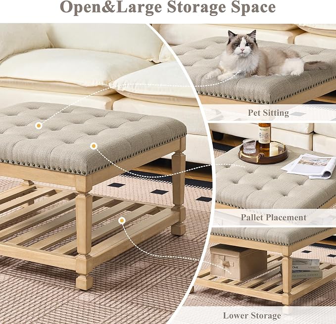 Befurtori Large Square Ottoman Coffee Table, Linen Solid Upholstered Footrest - Image 5