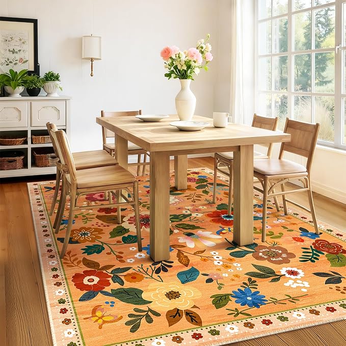 RELEANY Floral Washable 9x12 Area Rugs Yellow/Orange/Red | Flower Carpet Print - Image 6