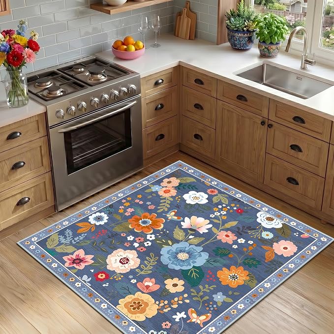 RELEANY Floral Washable Square 5ft Area Rug Blue/Grey | Flower Carpet Print - Image 8