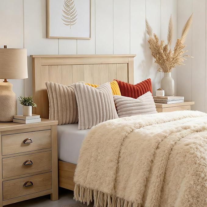 decorUhome Fall Faux Fur Throw Pillow Covers 26x26 Set of 2 Beige | Decorative - Image 8