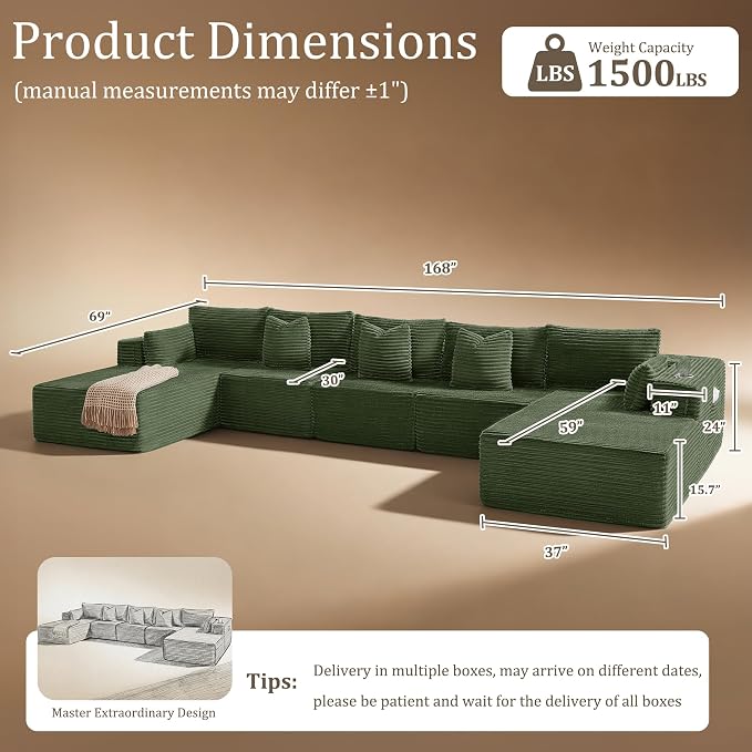 168" Cloud Sectional Couch, Comfort U Shaped Sofa - Image 2