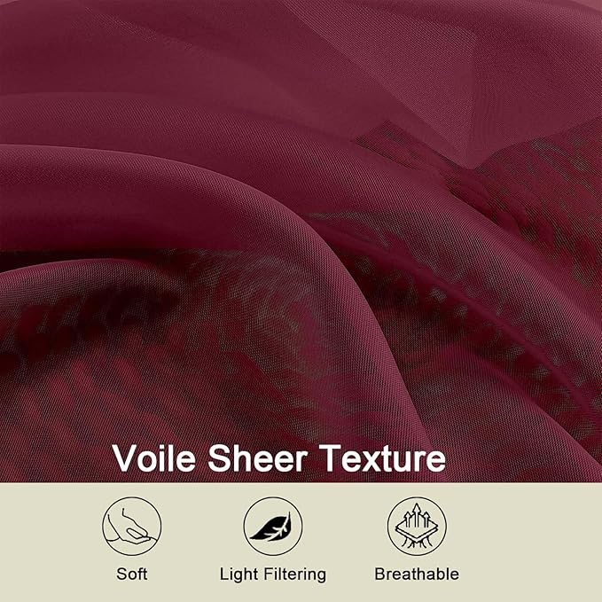 Sheer Burgundy Curtains for Bedroom Living Room 90 Inches Long 2 Panels Set - Image 3