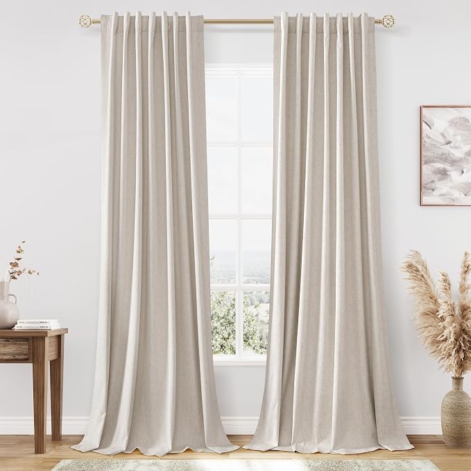 100% Blackout Linen Curtains for Bedroom 90 inches Long, Thermal Insulated Room by Guken