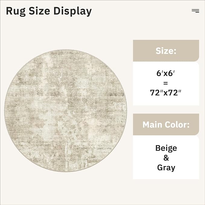 Soalmost Abstract 6x6 Round Rug 6ft Circle Living Room Rugs, Low Pile Stain - Image 5