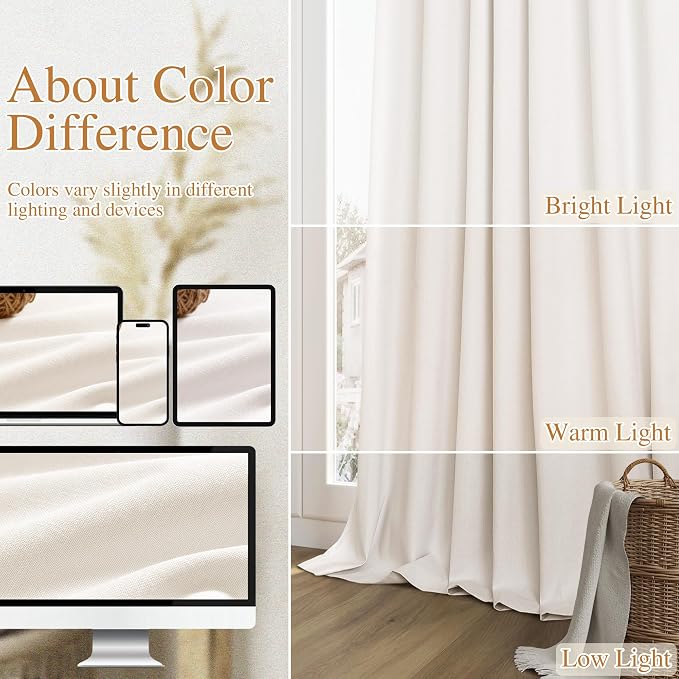 Ivory 100% Blackout Linen Curtains 92 Inch Length 2 Panels Set - Image 7