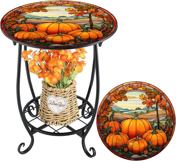 Cinnvoice Outdoor Side Table Round Small Mosaic Patio Accent Indoor End Plant by Cinnvoice