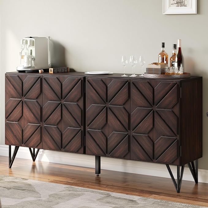 AMERLIFE 63” Solid Acacia Wood Sideboard Buffet Cabinet, Hand-Carved Geometric by AMERLIFE