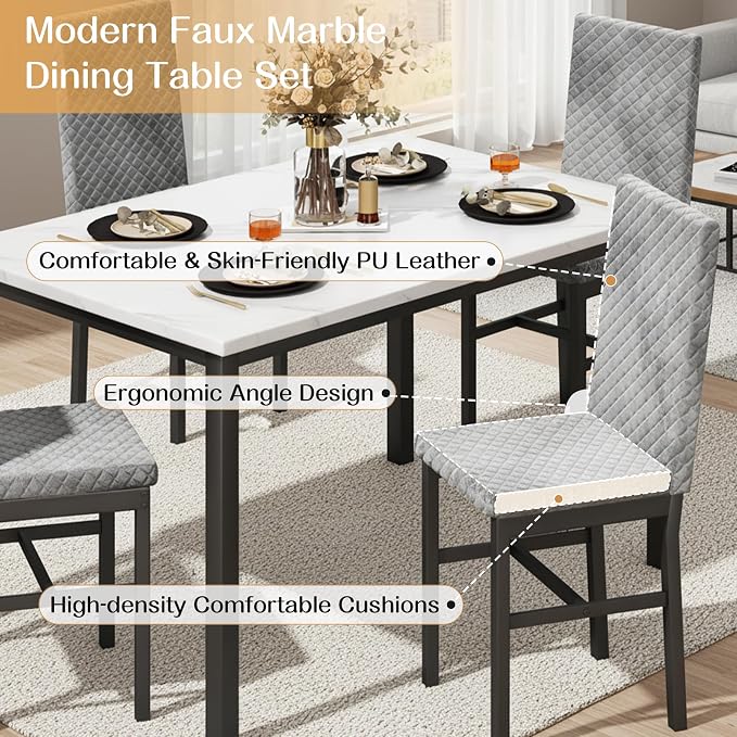 Recaceik Dining Table Set for 4, Modern 5 Piece Dining Table Set Faux Marble - Image 6