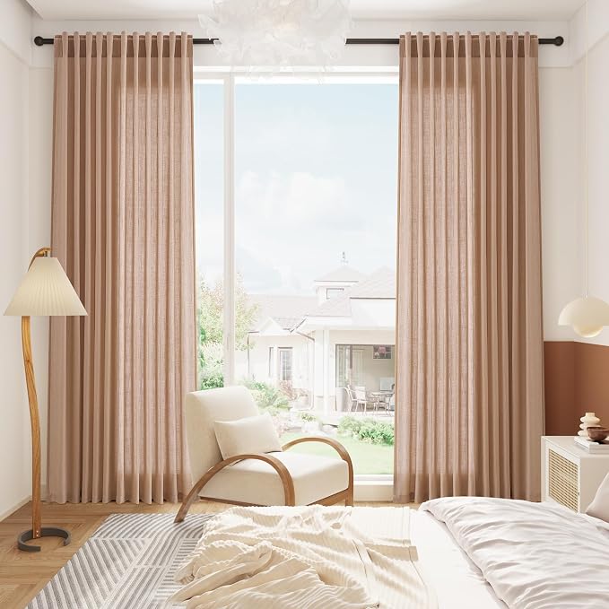 Peach Linen Curtains 102 Inches Long Rod Pocket Back Tab Drapes 2 Panels Set - Image 6