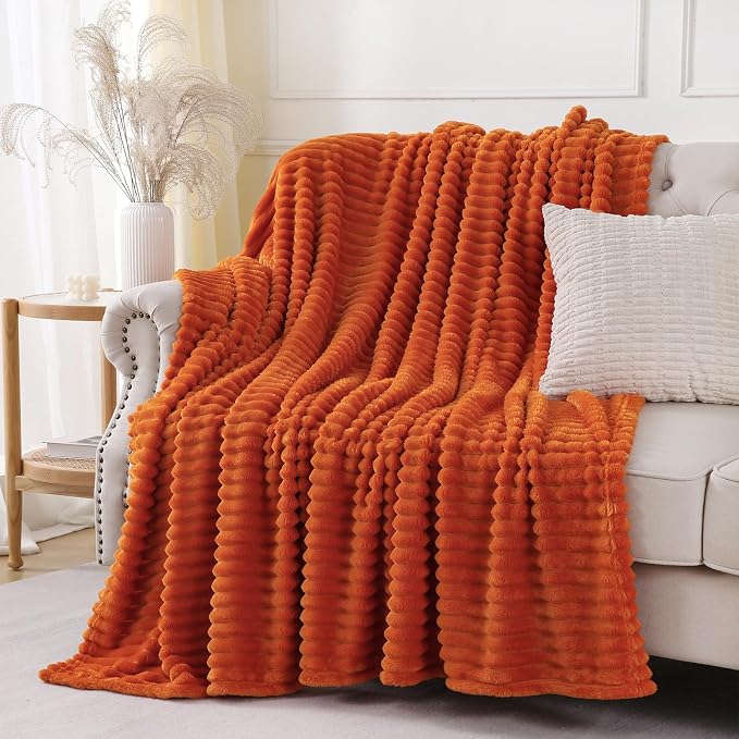Orange Throw Blanket for Couch Sofa 50x60 inches Striped Design | Fleece - Image 3
