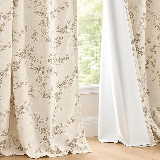 Blackout Vintage Floral Linen Curtains Taupe on Beige 50×96 2 Panels | Elisa - Image 9