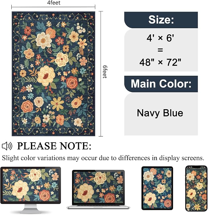 DUKINO 4x6 Area Rug, Floral Washable Office Chair Rug Non Slip, Stain Resistant - Image 2