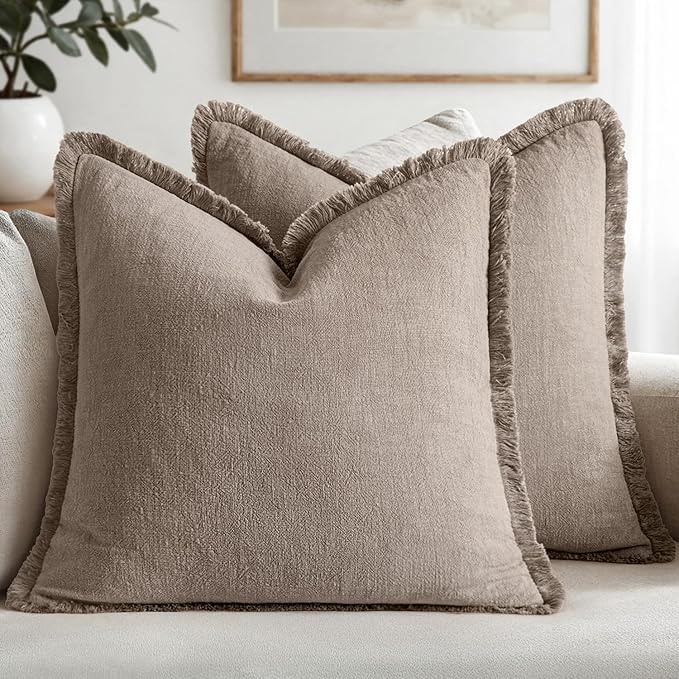 MIULEE Boho Linen Fringe Decorative Fall Throw Pillow Covers Dune 20x20 | Set by MIULEE