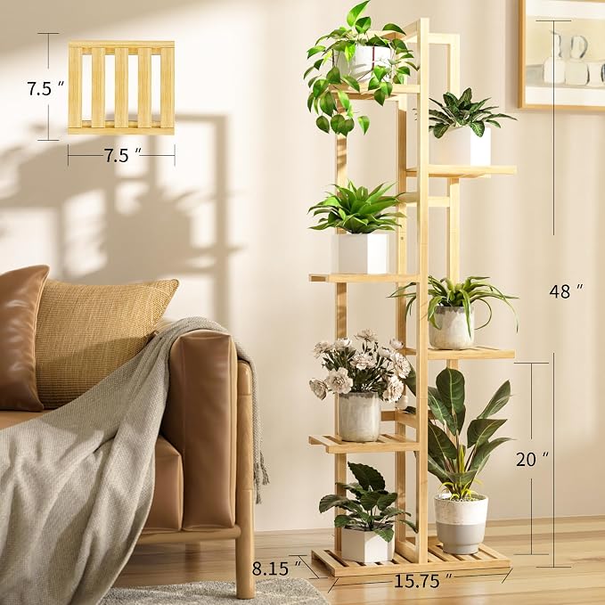 ROMGUAR CRAFT 6 Tier Bamboo Plant Stand Indoor, Wood Tall Flower Holder Corner - Image 3
