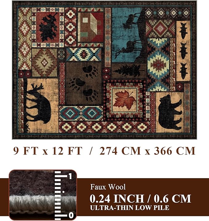 Rustic Cabin Rugs for Living Room 9x12, Wildlife Bear & Deer Area Rug, Washable - Image 2