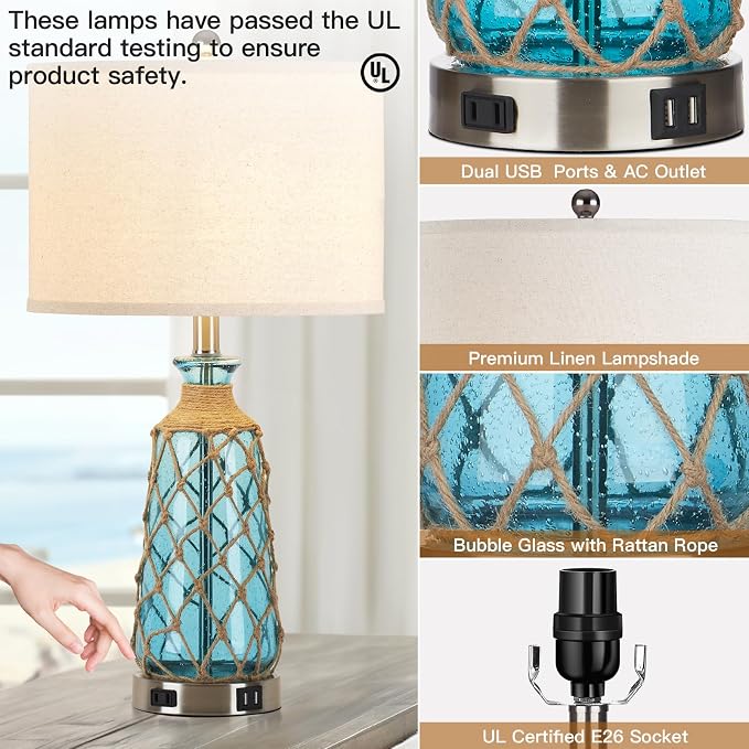 Ruzectt Coastal Glass Table Lamps, 3-Way Dimmable Touch Control Bedside Lamps - Image 7