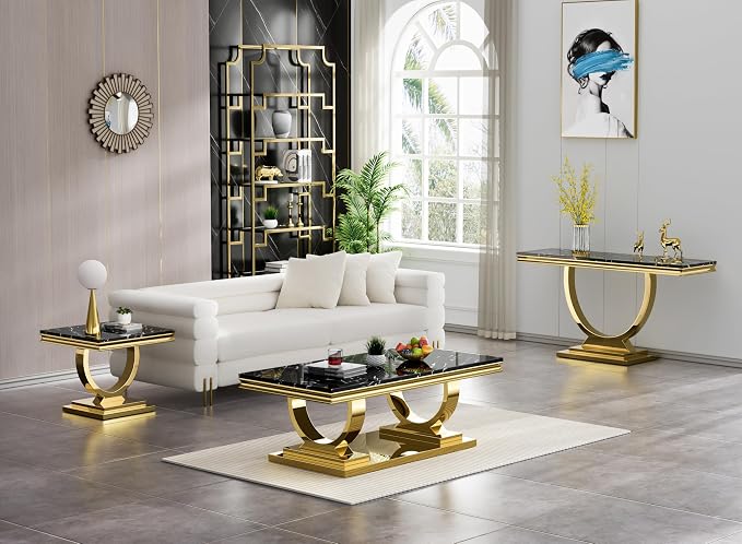 Henf Marble End Table Modern Black Faux Marble Sofa Side Table - Image 8