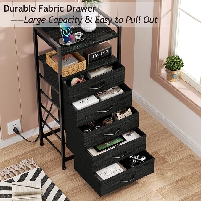 Furnulem Night Stand with Charging Station, Tall Black Dresser - Image 9