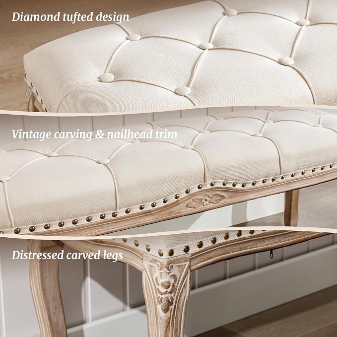 Cozyman Bedroom Bench, French Vintage Tufted Entryway Bench, 45.2" Carving - Image 4