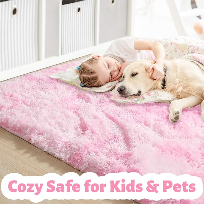 Amdrebio Pink White Fluffy Cute Area Rug 5x8 - Image 2