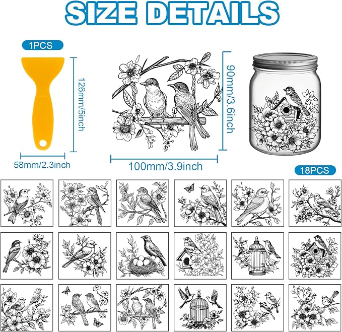 GLOBLELAND 18 Sheets Black and White Flowers Birds Transfer Stickers - Image 2