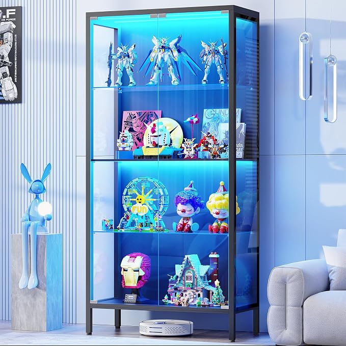 Display Cabinet with Glass Doors, 4-Tier Curio Cabinet with 3 Color Lights by Unknown