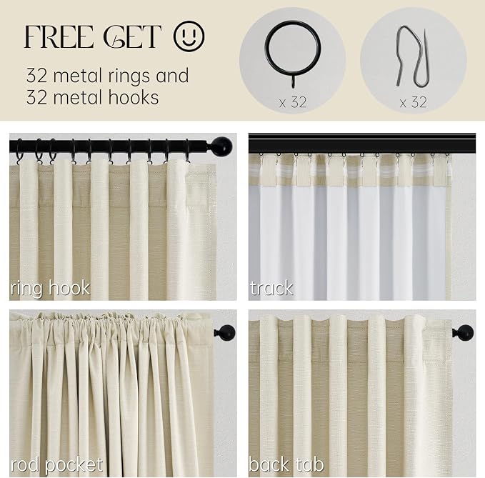 Topfinel Cream White Linen Blackout Curtains 63 Inches Long 2 Panels - Image 3