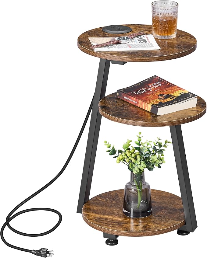 BEWISHOME Round End Table with Charging Station, Side Table Accent Nightstand by BEWISHOME