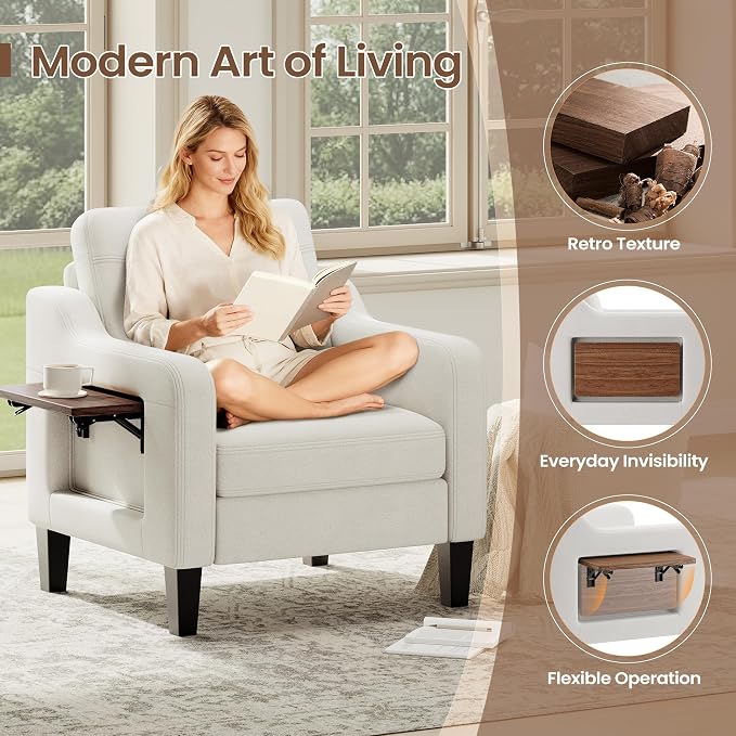 Accent Chair for Living Room Modern Linen Upholstered Armchair Side Wooden - Image 3