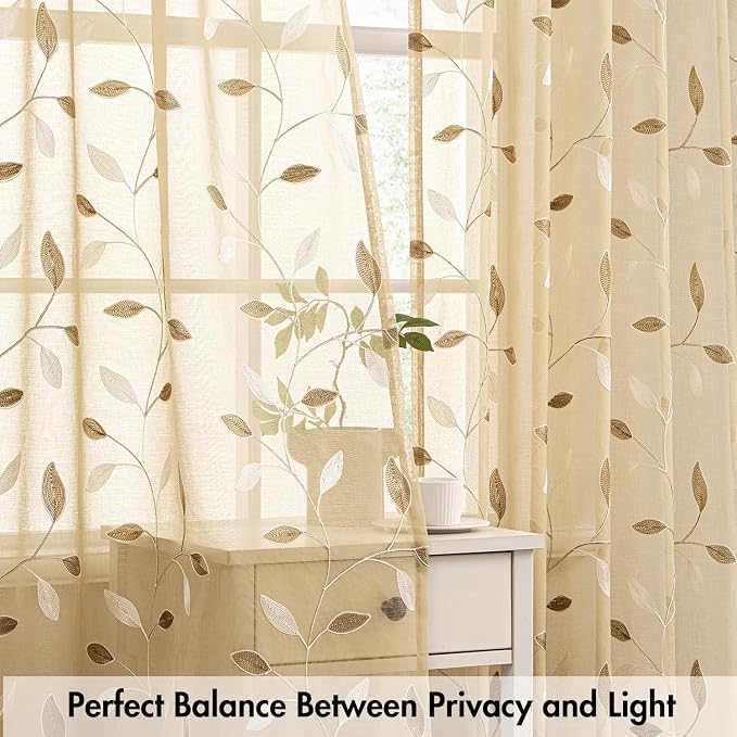 MIULEE Khaki Sheer Curtains 2 Panels Embroidered Leaf Patterned, W52 x L84 | - Image 5