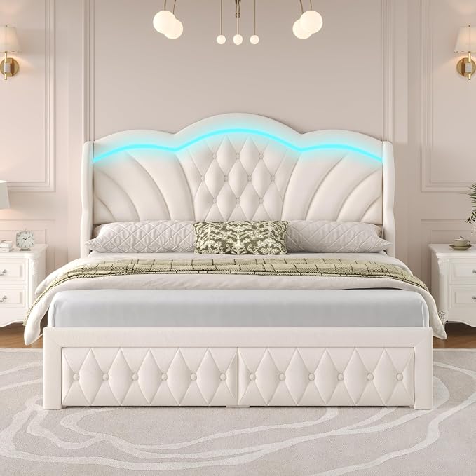 Keyluv Queen Bed Frame with LED Lights and 2 Storage Drawers, Velvet - Image 3