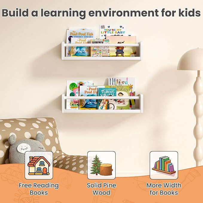 upsimples 2 Pack Nursery Book Shelves, 15.7 Inch Floating Bookshelves - Image 4