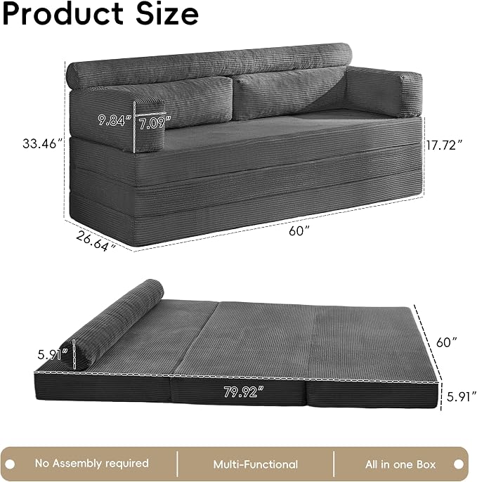 5-in-1 Convertible Sofa Bed, Corduroy Futon Couch Sleeper - Image 2