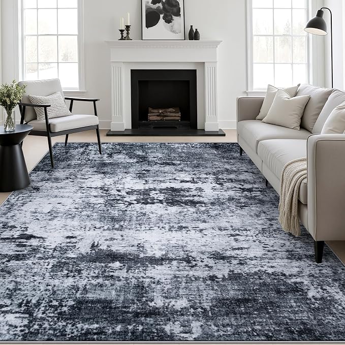 6x9 Area Rug Living Room: Modern Washable Indoor Carpet Black | by FXRHLP