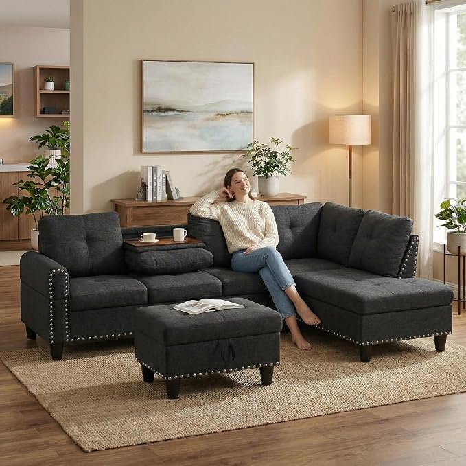 97.5" L Shaped Couch Set Linen, Modular Sectional Couches - Image 8