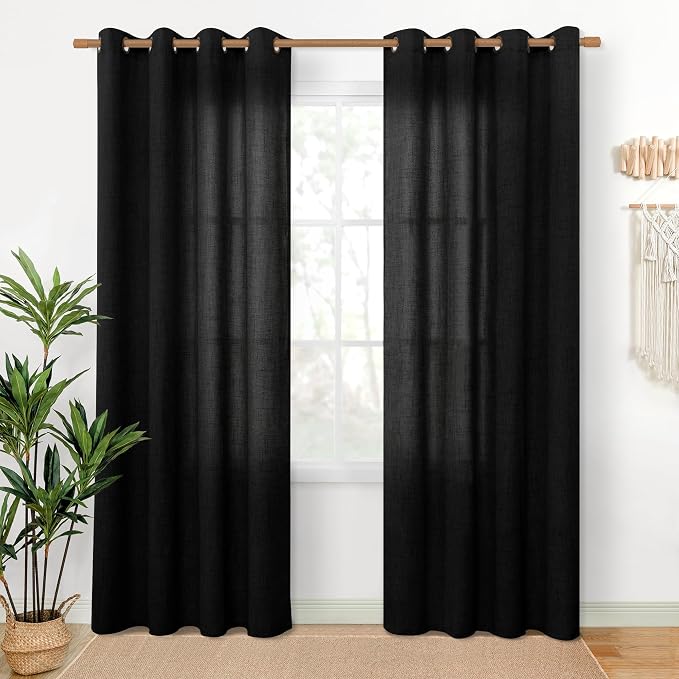 YoungsTex Black Linen Semi Sheer Curtains 80 Inch Length by YoungsTex