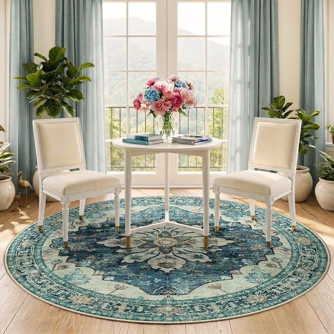 RELEANY Washable Area Rug, Round 5ft, Water Repellent, Pet Friendly, Vintage - Image 3
