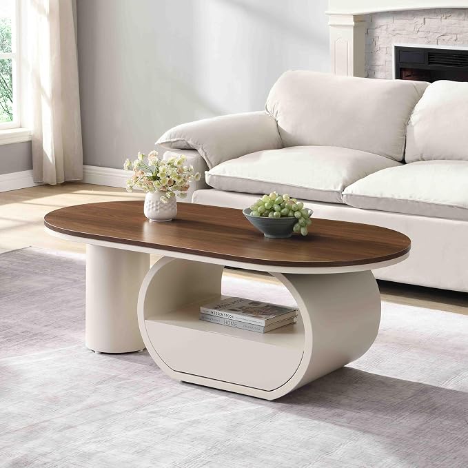 Modern Oval Coffee Table, 47.24" Brown Wood Top Coffee Table by Henf