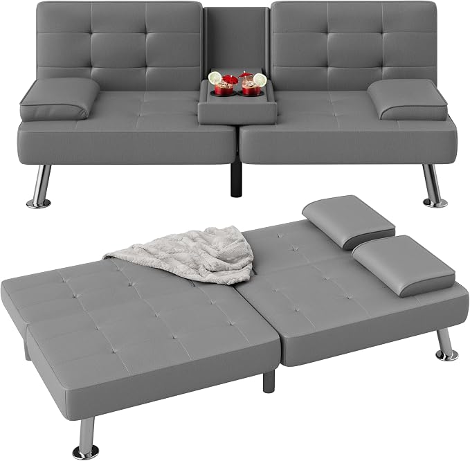 Flamaker Futon Sofa Bed Modern Folding Futon Set PU Leather Convertible by Flamaker