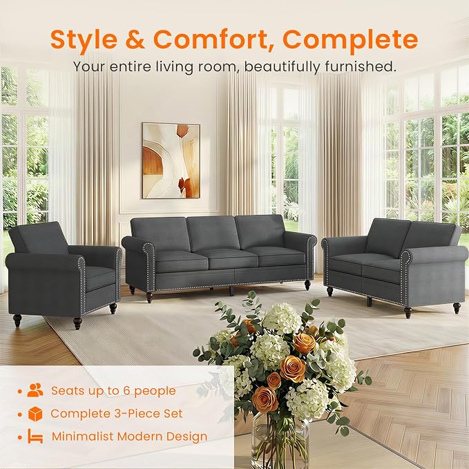 Living Room Sofa Sets 3 Piece, Modern 3 Seater Sofa and Loveseat Couch and - Image 2