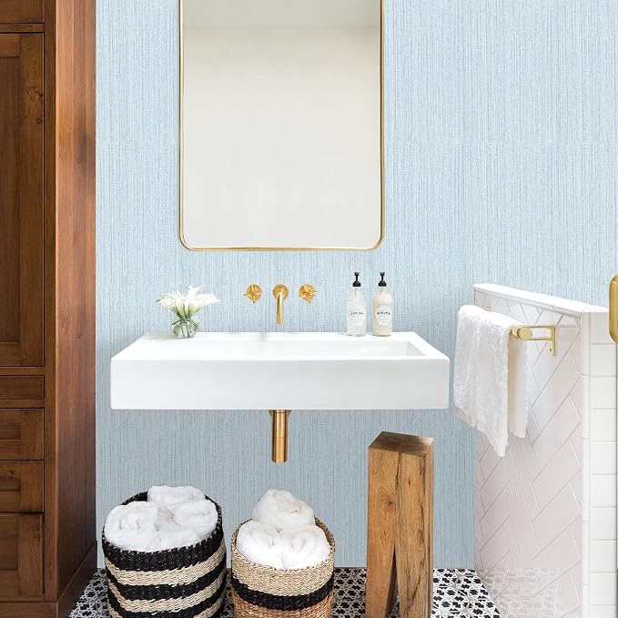 Light Blue Textured Grasscloth Peel and Stick Wallpaper, Waterproof Removable - Image 4