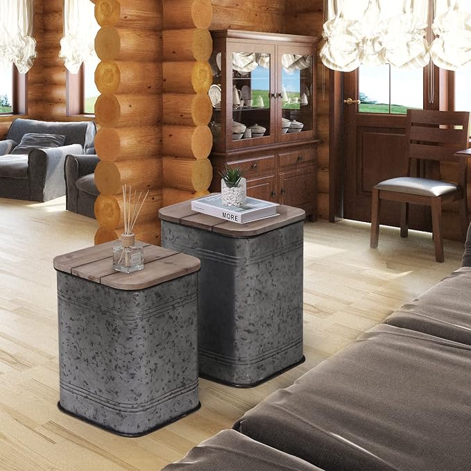 Rustic Storage Ottoman Seat Stool, Farmhouse Accent Side Table, Antique - Image 2