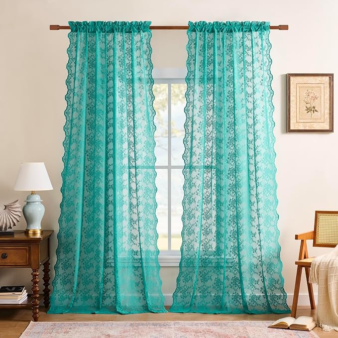 YJ YANJUN Vintage Lace Curtains 84 Inches Long-Victorian Floral Teal Sheer - Image 2