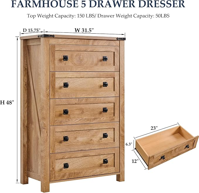 T4TREAM Farmhouse 5 Drawers Dresser Chests - Image 2