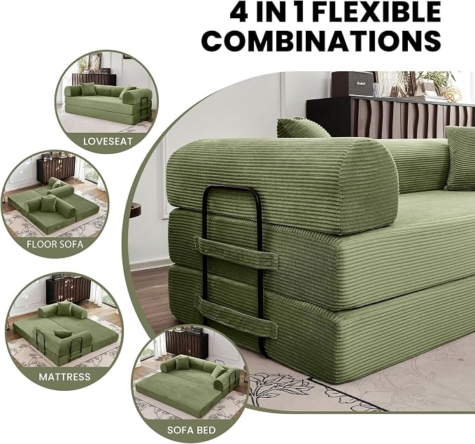 79'' Corduroy Sleeper Couch Bed, No Assembly Modular Floor Sofa - Image 3