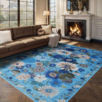 Blue Floral Area Rug 8x10 for Living Room Bedroom | Non Slip; Stain Resistant; - Image 4