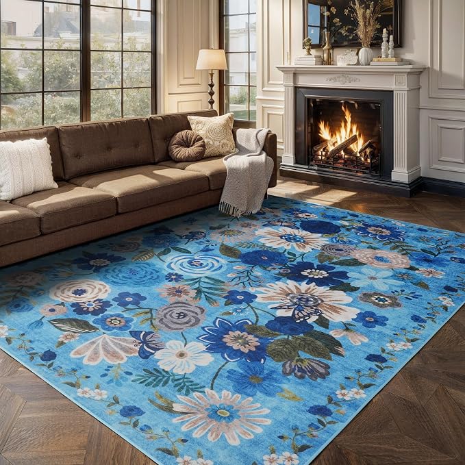 Floral Area Rugs 5x7 for Bedroom Livingroom Blue Non-Slip | Ultra-Thin Soft - Image 6