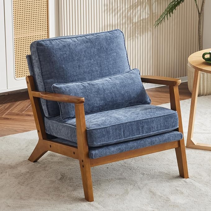VINGLI Solid Wood Wide Armrests Accent Chair, Upholstered Mid Century Modern - Image 9
