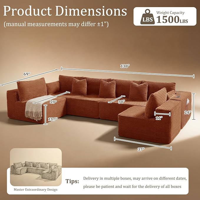 138" Cloud Sectional Couch, Comfort U Shaped Sofa - Image 2