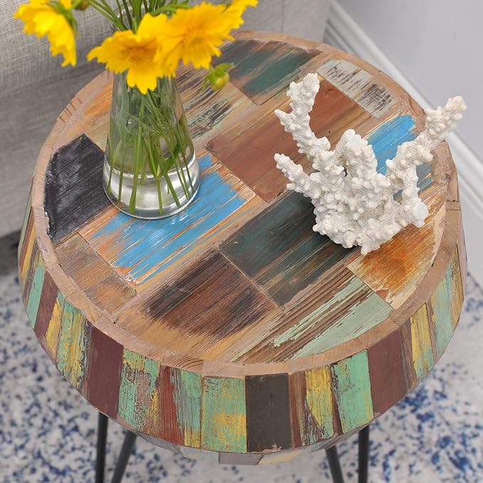 Drum Round Wood Side Table 16" x 16" x 21" H Reclaimed Rustic Multicolor Patio - Image 3
